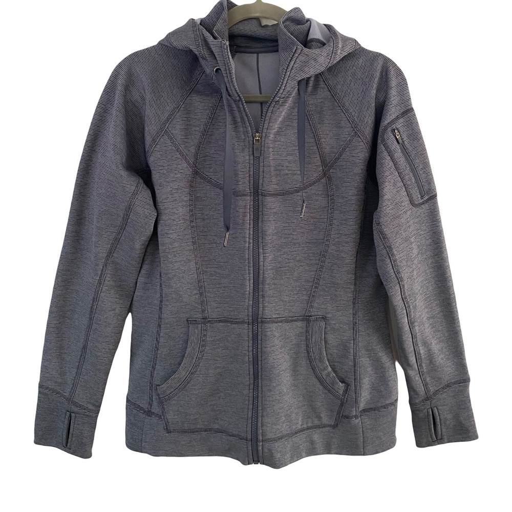 Athleta Full Zip Grey Striped Hooded Workout Athleisure Athletic Jacket Medium